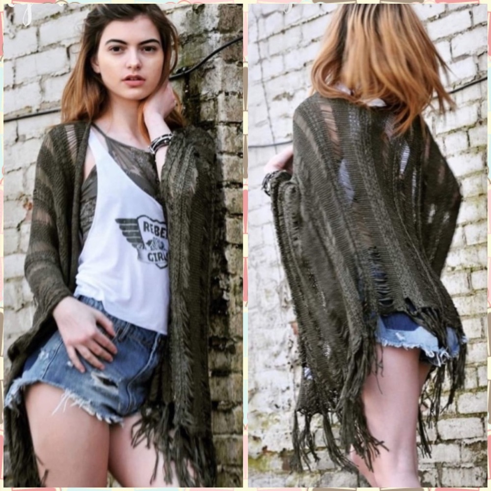 Olive green fringe edge ribboned cardigan Small/Medium S/M
